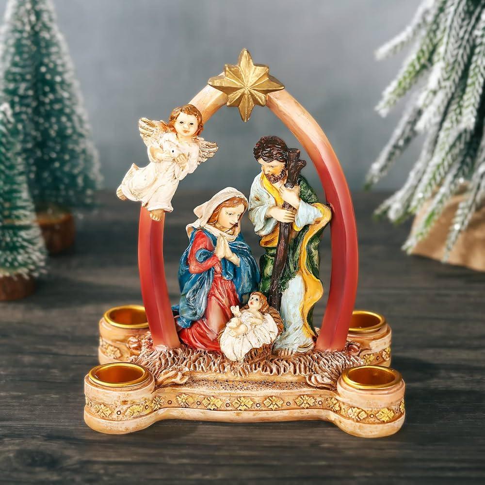Nativity Advent Candle Holder Decoration, Christmas Nativity Scene Candle Holder Candlestick Holders Advent Wreath Candle Holder Advent Centerpiece for Christmas Party Supplies (Candles Not Included)
