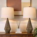 PoKat 23.5'' Table Lamps Set of 2 for Bedroom, Farmhouse Nightstand Lamps for Living Room, Rustic Bedside Lamps with Linen Lampshade for Side Table Office Hallway Entryway Dark Wood-Like (Brown)