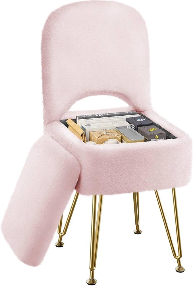 Small Vanity Stool Chair with Storage and Folding Back, 13.4" x 15" x 30" Square Faux Fur Soft Ottoman, 4 Metal Legs with Anti-Slip Feet, Furry Padded Seat for Makeup, Bedroom, Pink