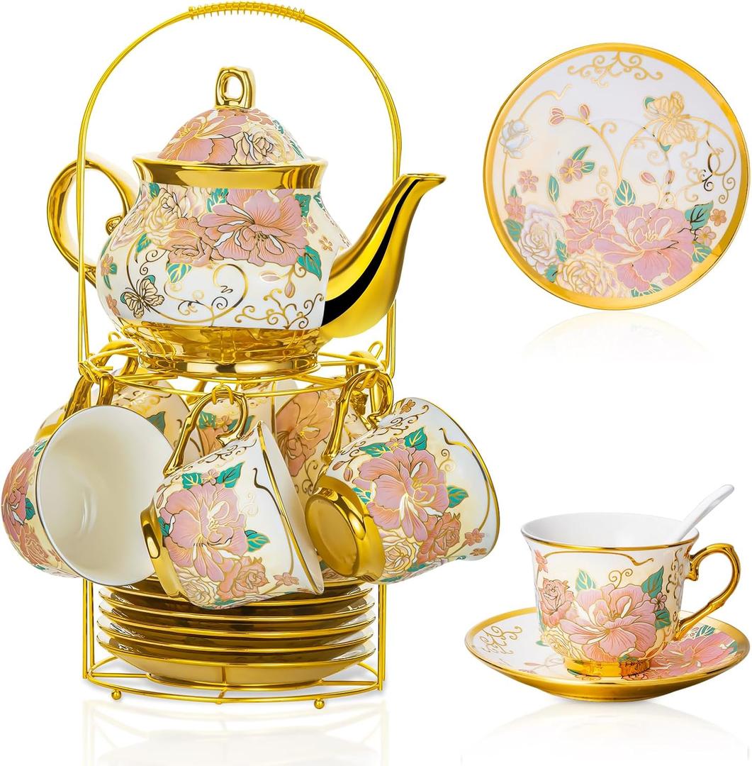 20 Pieces European Ceramic Tea Set for Adults With Metal Holder and Flower Painting (Large Cream Version)