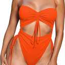 Viottiset Women's Cut Out Drawstring One Piece Swimsuit Plus Size Cheeky High Cut Bathing Suit Orange XX-Large