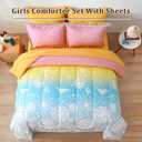Menghomeus Girls Comforter Set Queen Size 7 Pieces Bed in A Bag Ombre Rainbow Bedding Set Dandelion Butterfly Print Kids Bedding Collections