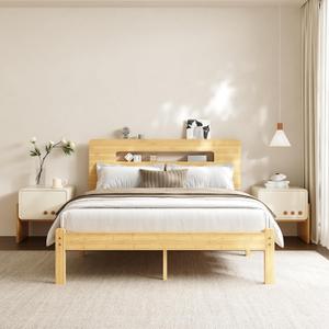 COMASACH Bamboo Wood Queen Bed Frame with Storage Headboard,14 Inch High Solid Queen Size Bed Frame, Metal Slats Support, Heavy Duty, No Box Spring Needed