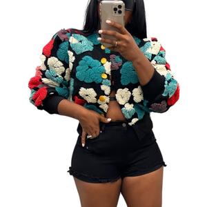 Angsuttc Women's Cropped Floral Bomber Jacket Puff Sleeves Lightweight Fleece Shacket Button Down Varsity Coat Outwear (Black&blue)