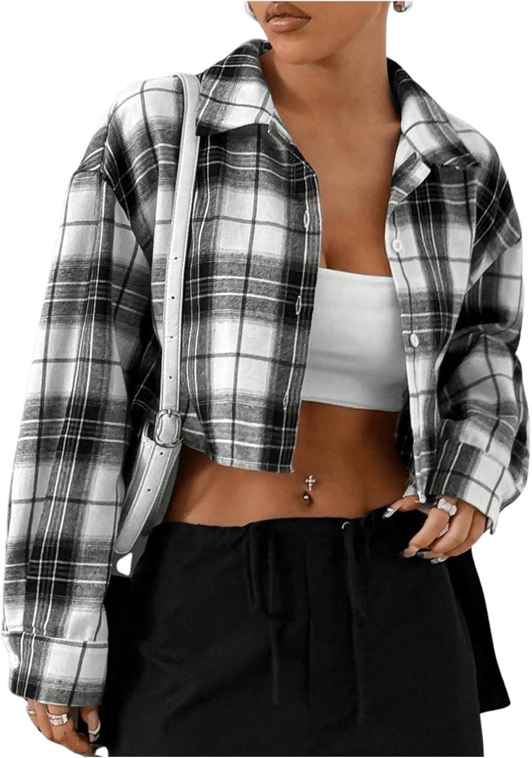 SweatyRocks Women's Cute Color Block Long Sleeve Crop Tops Plaid Button Down Blouse (XS)