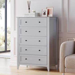 Garvee 5 Chest of Drawer Dresser, Modern Tall Nightstand with Deep Drawers and Nickel Round Handle, Wood Organizer Storage Cabinet for Bedroom, Living Room, Hallway, Grey