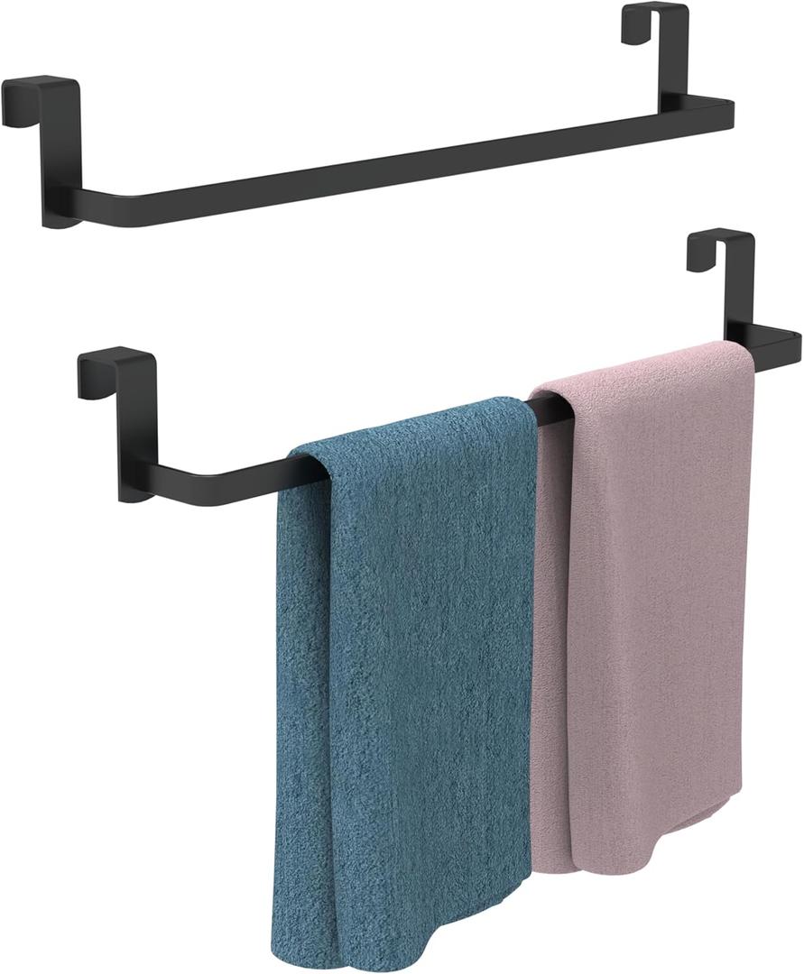 Over Cabinet Towel Rack, 2 Pack 14 Inch Over The Door Towel Bar Towel Hanger for Kitchen, Stainless Steel Over Cabinet Cupboard Kitchen Towel Holder, Foam Protective Mats(Black)
