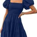 ZESICA Women's Boho 2025 Summer Square Neck Puff Sleeve Off Shoulder Smocked Tiered Casual A Line Short Mini Dress