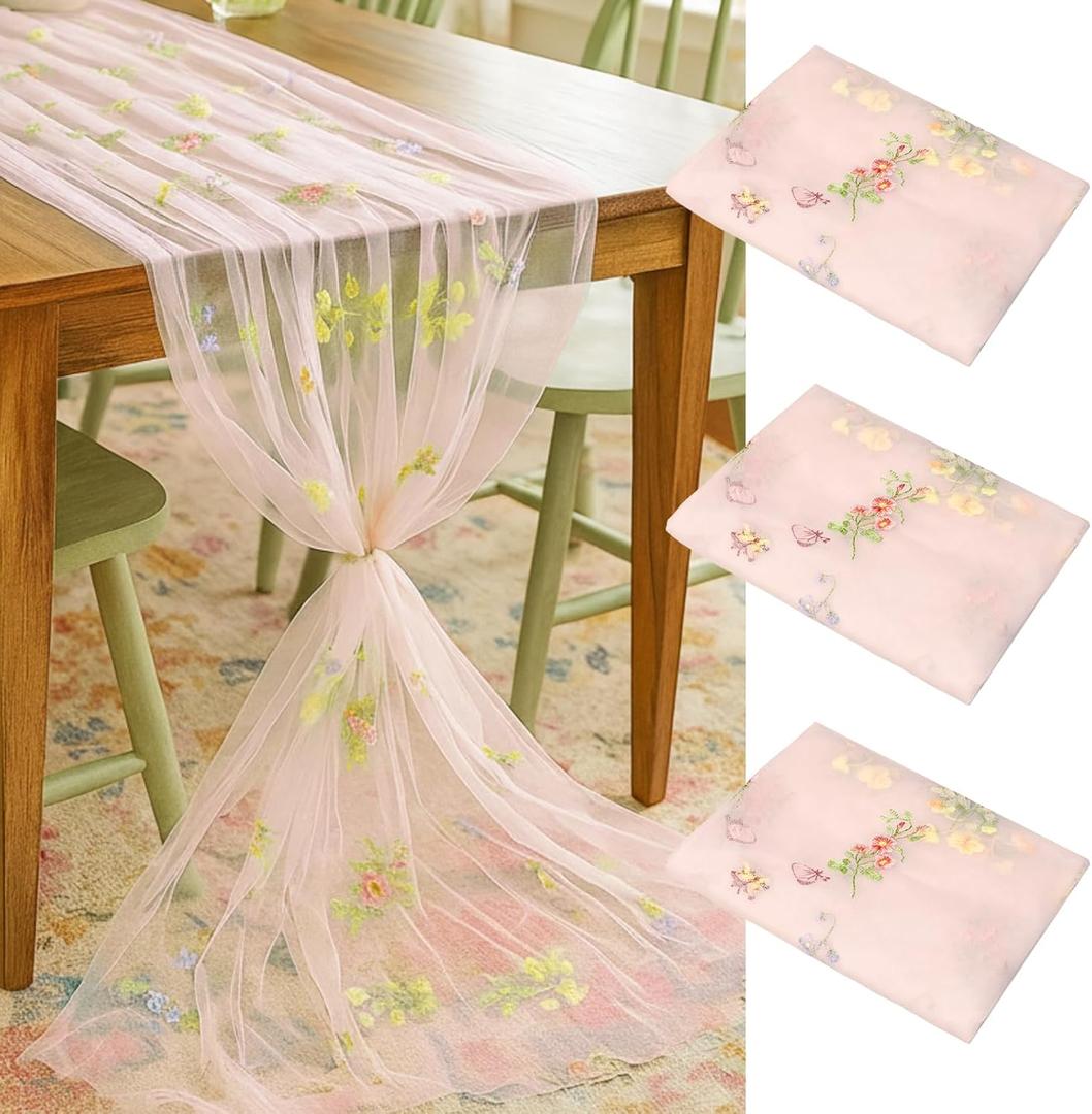 Lounsweer 3 Pcs Wildflower Table Runner 10ft/ 29 Inch x 120 Inch Embroidery Wildflower Spring Summer Tulle Lace Runner DIY Table Decor for Wedding Party Baby Shower Holiday Dining (Pink)