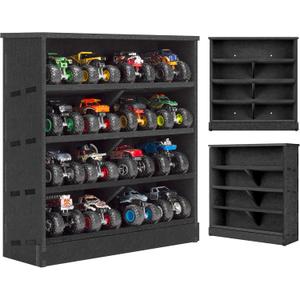 Felt Monster Trucks Display Case, Wall-Mounted 16 Slot Storage Case, Groove Fixation Container Holder (Black - New Version)