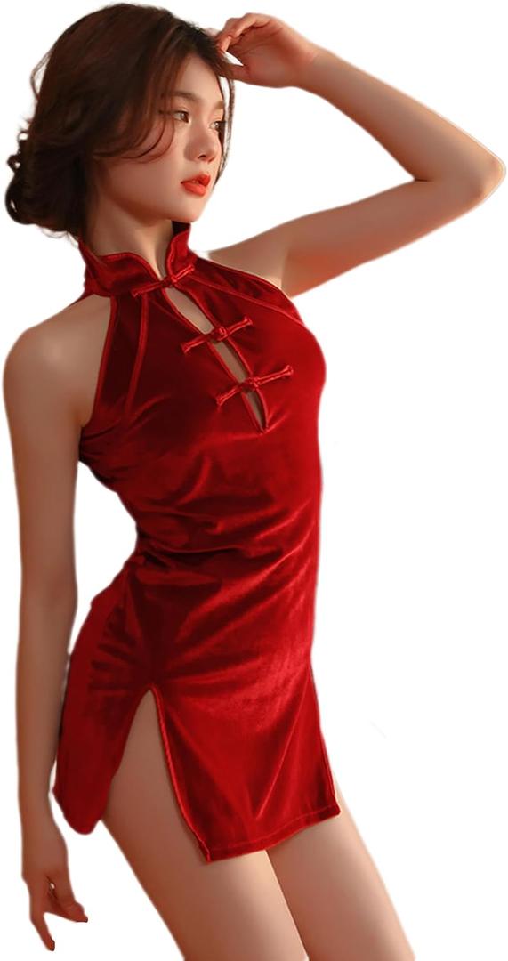 SINGUYUN Women Sexy Anime Cosplay Lingerie Chinese Cheongsam Dress High Split Bodycon Nightgown Qipao Babydoll Outfit (1633red)
