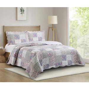 Brilliant Sunshine Roses Toile Quilt Set, 3-Piece Bedding Sets Traditional Lively Patchwork Design, Washable and Reversible Bedspread, Soft Lightweight Coverlet, All-Season, King/Cal King, Blue Pink