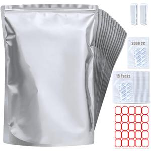 15 Pack 5 Gallon Mylar Bags with Oxygen Absorbers - 10.5 Mil Mylar Bags for Food Storage with 15 Single Sealed 2000cc Oxygen Absorbers & Labels & Clips - for Long Term Food Storage