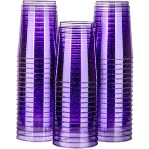 Homy Feel 10 Oz Purple Glitter Plastic Cups - 50PCS Disposable Cocktail & Wine Cups for Wedding Party