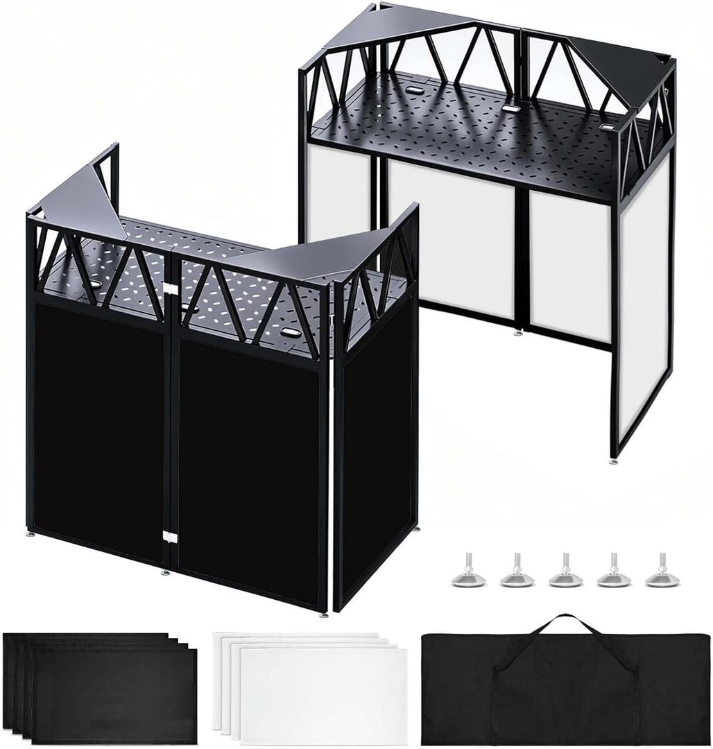 Portable DJ Booth Facade Stand, Foldable DJ Table 40" x 20" x 45" Tabletop, DJ Facade Station for DJ Controller, Mixer & LaptopEvents&Parties Includes Carry Bag&Two Metal Corner Tables