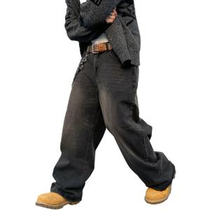 Men's Baggy Hip Hop Jeans Wide Leg Skater Denim Pants Casual Loose Fit Long Trousers Streetwear (A10 Black) XS
