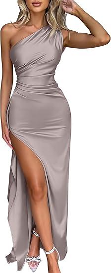 Memories Women's Sexy One Shoulder Satin High Split Cocktail Wedding Party Maxi Dress Shallow Apricot New Item, S