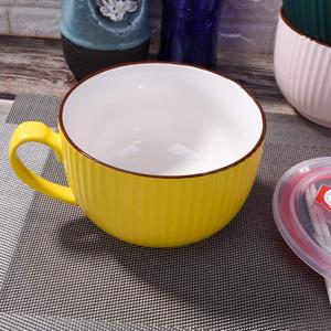 Ceramic Bowl with Lid and Handle - Microwave & Dishwasher Safe - Yellow Cereal Bowl for Breakfast & Ramen