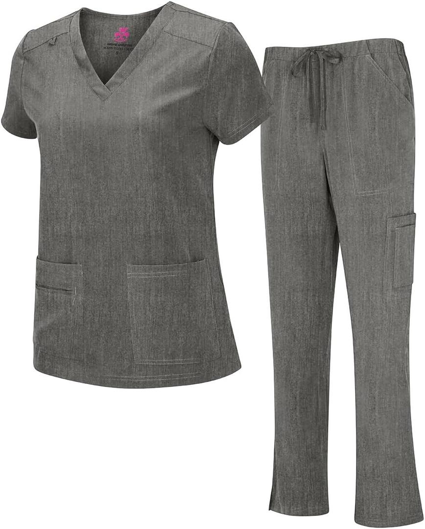 Natural Uniforms Women's Cool Stretch V-Neck Top and Cargo Pant Scrub Set with Regular and Petite Sizes (Heather Grey)