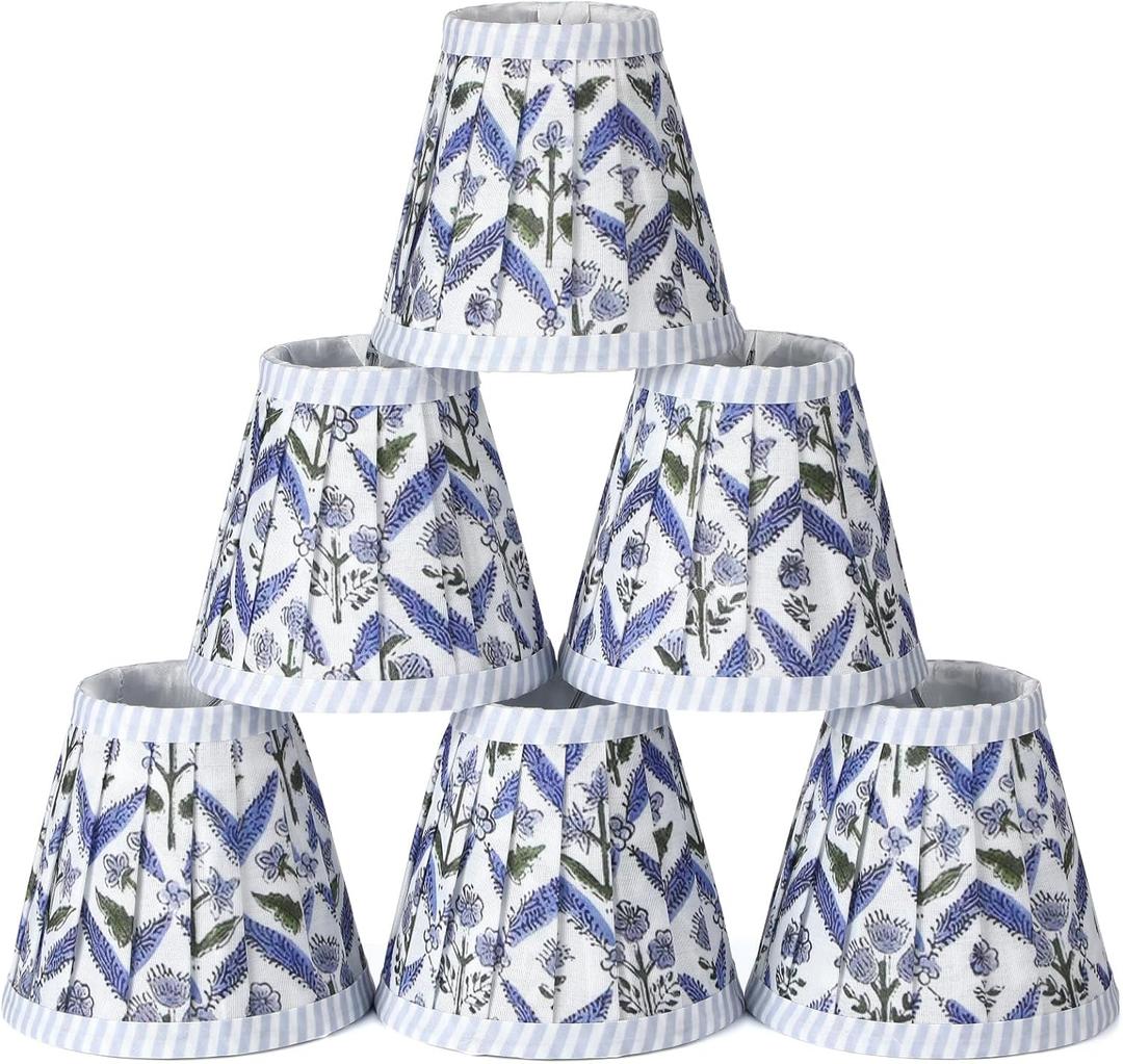 6 Set Pleated Block Print Light Blue Lamp Shade Mini 3" Top x 5.5" Bottom x 4.7" High Floral Blue Pleated Chandelier Shades Replacement Small Lamp Shades Clip on Bulb for Candelabra