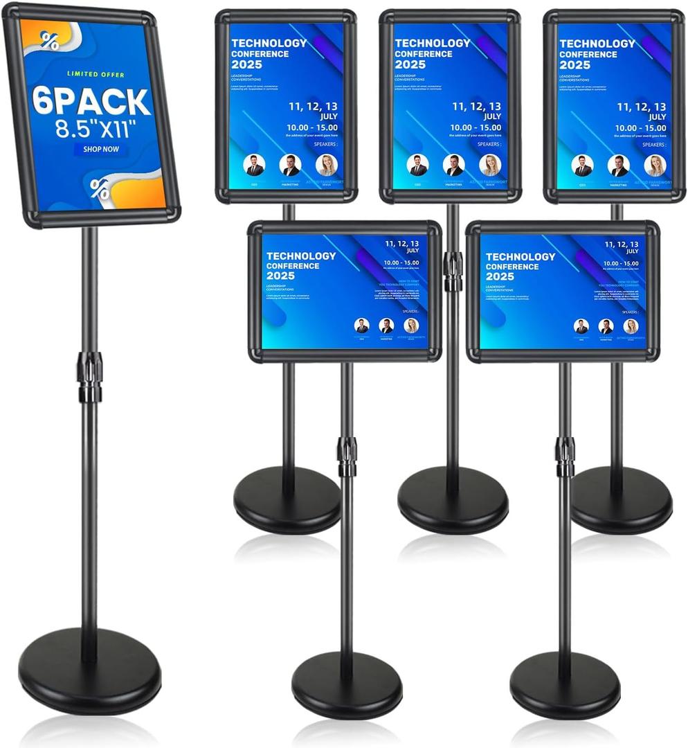 Sign Holder Stand with Rounded Safety Corners, Adjustable 31" to 52" Sign Stand Heavy Duty Floor Standing Poster Holder, Water/Sand Fillable Base for Storefront & Indoor Use, Anti-Glare Display for Signs (Black, 8.5*11 - 6 Pack)