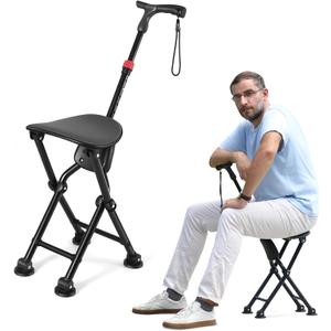 Hold 400 lbs Folding Canes with Seat, Allows Durability While Walking and Convenience for Sitting, Aluminum Portable Anti-Slip Cane Seat, Height-Adjustable Walking Cane.Black -Four Legged