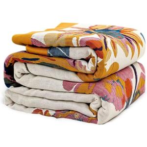Boho Throw Blanket - 100% Cotton Soft Throw Blanket for Bed, 50"x60" Reversible Breathable Lightweight Summer Blankets, All Seasons Farmhouse Decor Floral Plant Butterfly Throw Quilt (01-lnk and Wash)