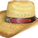Western Outback Cowboy Hat Men's Women's Style Straw Felt Canvas, Beige Blue Stone W/Red Strap, One size