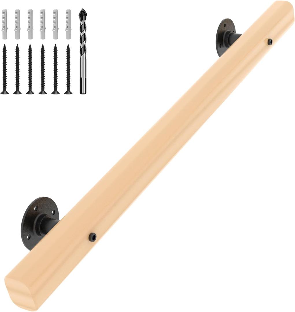 2 FT Wood Handrails for Indoor Stairs, Wall-Mounted Staircase Handrails for Indoor Outdoor Stairs, Non-Slip Stair Railing Indoor for Kids, Elderly, Pregnant Women, Disabled