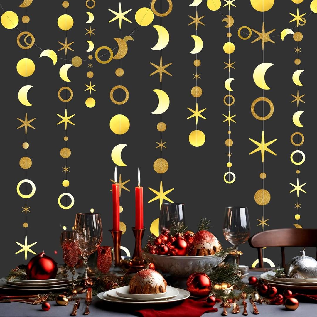 Tenceur 39ft Gold Party Decor Glitter Gold Moon Star Circle Paper Garland Bunting Banner Streamers Metallic Hanging Decor for Christmas New Year Birthday Ramadan Baby Shower Wedding Party Supplies