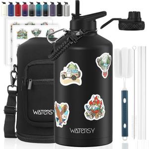 1 Gallon Water Bottle Insulated(Cold for 48 Hrs),BPA Free&Leak Proof,128oz Stainless Steel Water Jug,Large Water Bottle with Straw Spout Lids for Gym,Hiking,Camping&Travel,Black
