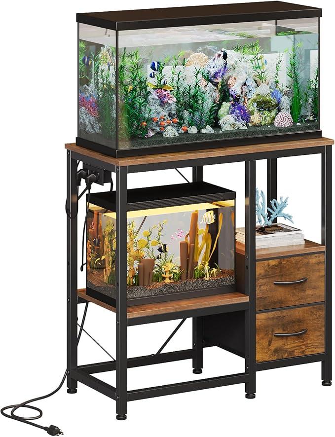 20-29 Gallon Fish Tank Stand with Power Outlet Vintage Metal Aquarium Stand with 2 Fabric Drawers Heavy Duty Reptile Tank Stand with 3-Tier Adjustable Storage Shelves, Left-Right Mounting