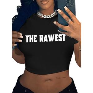 LovelyWholesale Women Graphic Crop Tops Letter Print Short Sleeve Tee Summer Sexy T Shirt Black The R Medium (Black, M)