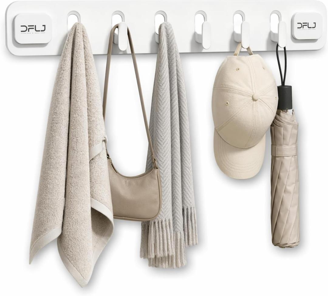 White Long Strip with 6 Hooks Suction Cup Hooks No Drill Damage Free Removable Shower Wall Hooks for Bathrooms Towel Loofah Bath Brush Clothes and Over Door Storage