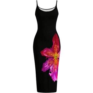 Floerns Women's Flower Print Spaghetti Strap Cami Midi Dress Boho Pencil Dress (Large, Black)