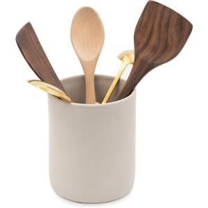 Ceramic Large Kitchen Utensil Holder for Countertop, 7"x5.9", Stable & Sturdy, Cooking Utensils Holder, Smooth & Matte Cream Color,Silicone Pads, Utensil Organizer for Kitchen Counter Decor