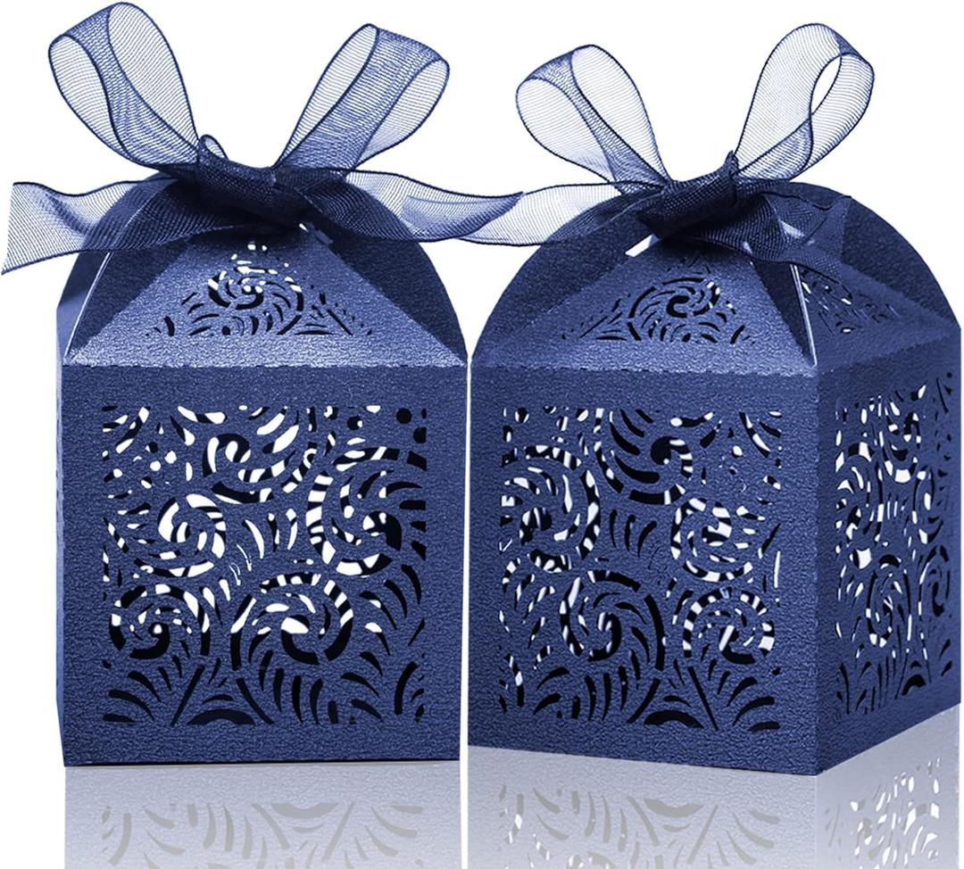 COTOPHER 100Pcs Laser Cut Favor Boxes, 2x2x2.75in Small Gift Boxes for Presents, Party Wedding Favors Boxes with Ribbon, Mini Candy Boxes for Event Bridal Shower Anniversary Birthday Christmas, Navy