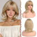 FESHFEN Shoulder Length Bob Wigs with Bangs for Women - Dirty Blonde Natural Layered Wavy Synthetic Wig For Daily Party Costume Use 14 Inch