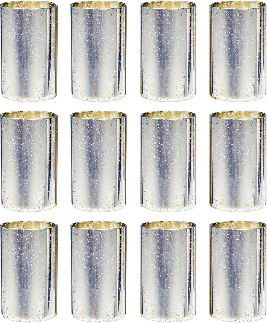 Willceka Silver Cylinder Vases for Centerpieces, Modern Glass Vase Set of 12 Decorative Hurricane Candle Holder for Pillar Candle Holders Flowers for Table Centerpiece, Sliver