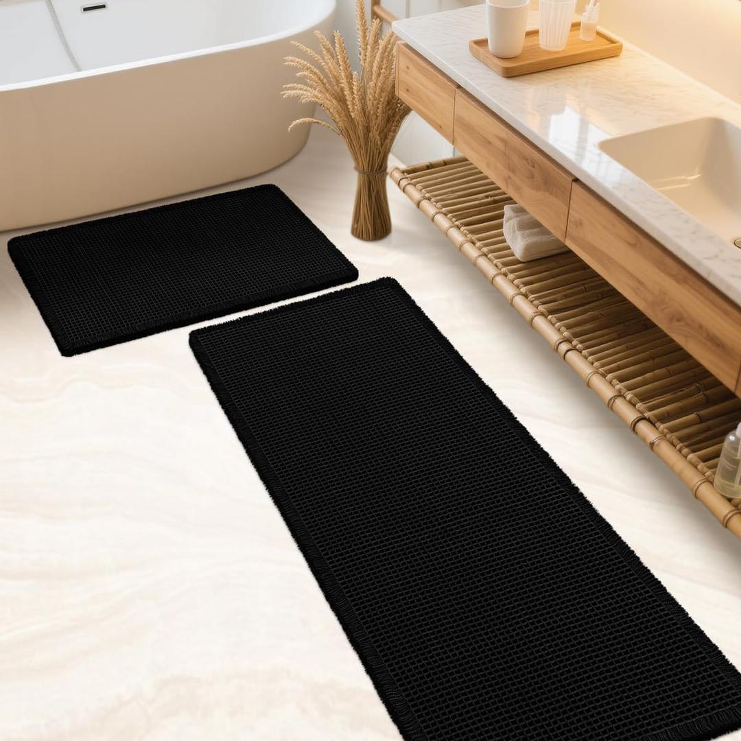 IM HOME Waffle Bath Mat Set 2 Piece Black, Woven Modern Bath Rug Mats, Absorbent Non Slip Bath Floor Mat, Soft Washable Boho Bath Rugs with Tassels for Bathroom, Bedroom, Kitchen, Tub