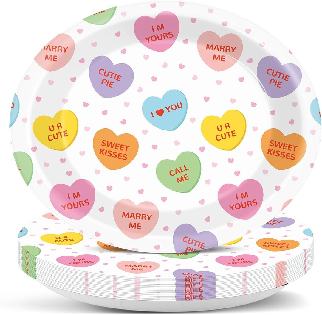 50Pcs Valentine's Party Oval Plates 11 Inch Disposable Conversation Heart Paper Plate Valentine Tableware Dinnerware Set Heart Platter Dish Tray for Anniversary Wedding Party Decor Supplies