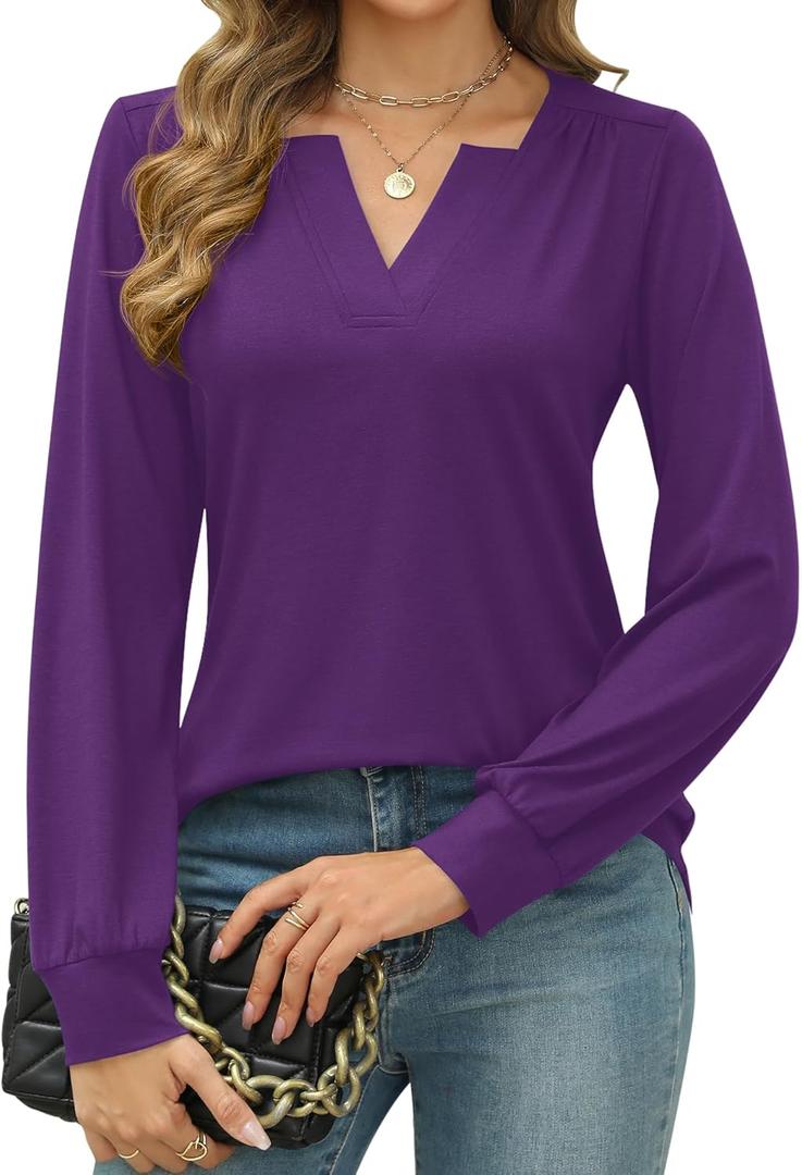 LUYAA Women's Tunic Tops Long Sleeve V Neck T-Shirts Blouses Dressy Casual Loose Fit Fall Shirt (Purple L) (Purple, L)