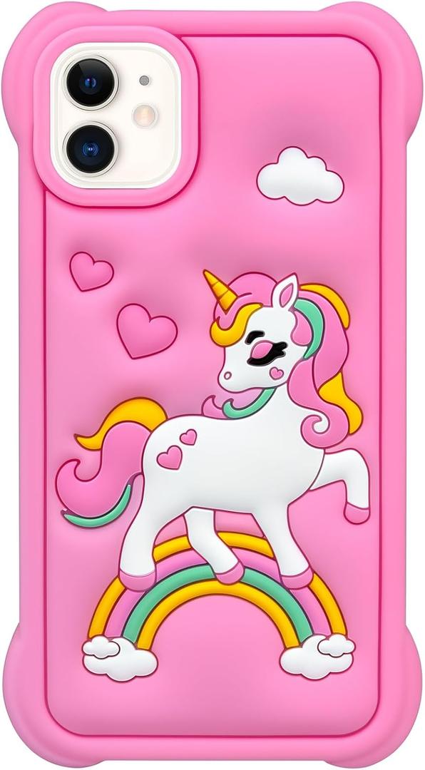 Cute Pink Rainbow Unicorn Case Compatible with iPhone 11 case, Horse Kawaii Animals 3D Cartoon Soft Silicone Heavy Duty Protection Case Cover for Girls Kids Women