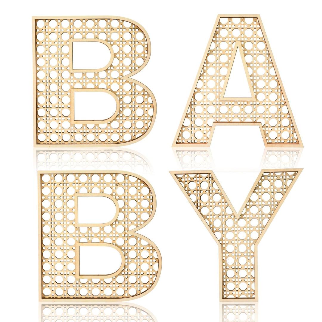 Menkxi 4 Pcs Boho Baby Shower Decor Rattan Wood Baby Letters for 8 Inch Nursery Wall Decor for Rustic Alphabet Letter Home Decoration for Toddler Newborns Birthday Gifts