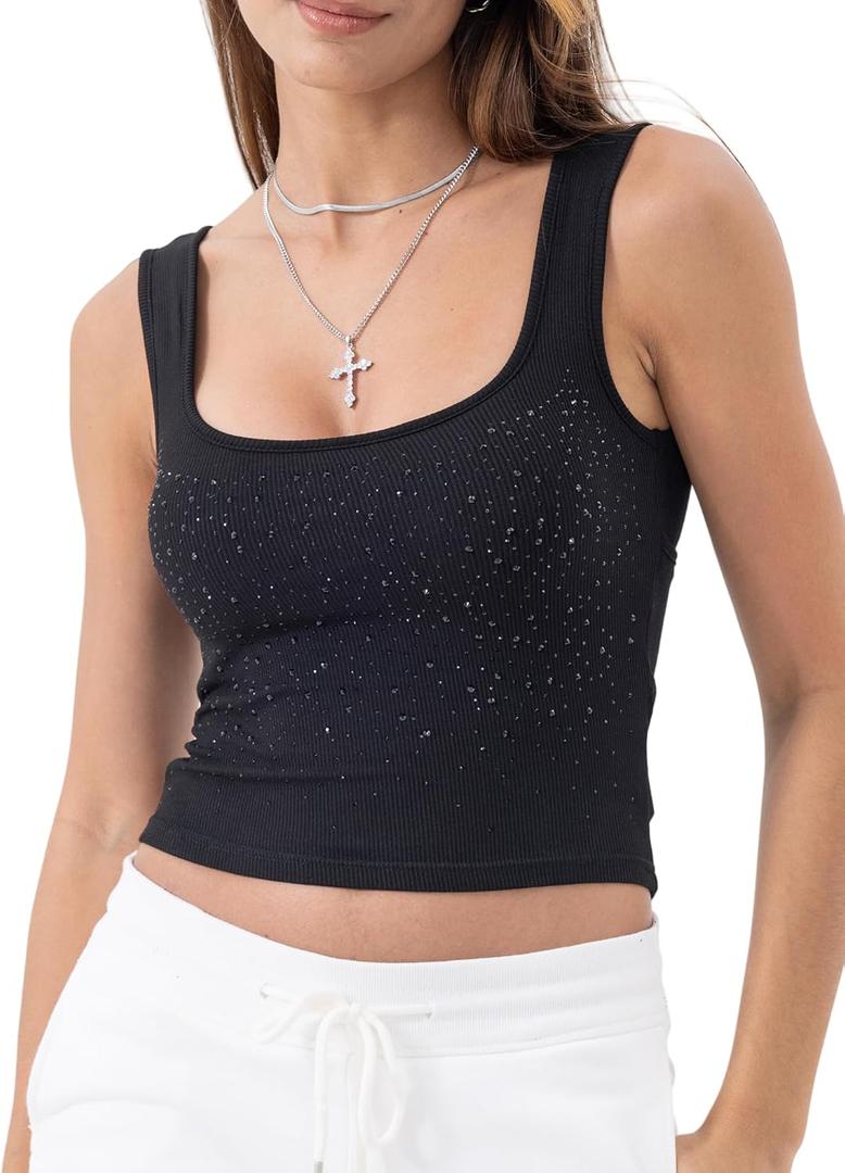 Danysu Women Rib Tank Top Padded Workout Top Square Neck Crop Tank Fitted Basic Cami Tops (Medium, Diamond Black)
