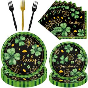 Rakuto St Patricks Day Plates and Napkins Decorations, 96PCS Lucky Green Shamrock Party Decoration, St Patrick's Day Disposable Forks Tableware Decor for Irish Birthday Holiday Serve 24