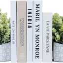 MyGift L-Shaped Decorative Bookends with Artificial Eucalyptus Plant Potted in Modern Geometric Embossed Gray Concrete Pot, Book Ends for Shelf Desk Nook Decor, 1 Pair