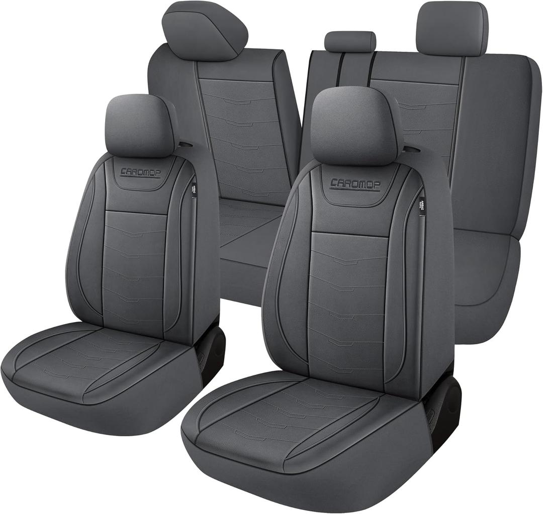 CAROMOP Luxury PU Leather Car Seat Covers Full Set,Waterproof Faux Leather Split Bench Seat Covers for Cars,Universal Car Interior Covers Seat Protectors for Sedans SUVs Pick-up Trucks(Gray/Gray) (Full Set, Gray/Gray)