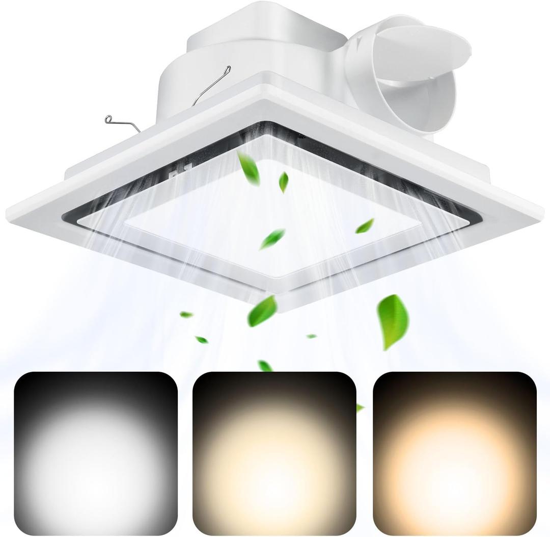 Bathroom Exhaust Fan with Light, 110CFM Bathroom Fan with Light 3000K/4500K/6000K, Quiet Vent with Lever Wire Connectors&Duct, 12 Inch Ceiling Mount Exhaust Fan for Home, Hotel, Office