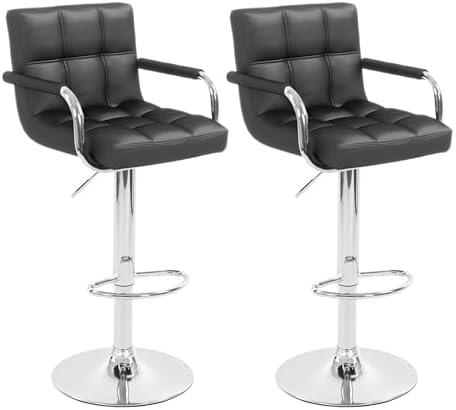 Gentlemoods Modern PU Leather Bar Stools Set of 2, Adjustable Swivel Square Bar Chairs, Counter Height Barstools with Arms and Large Base for Island/Kitchen (Black)